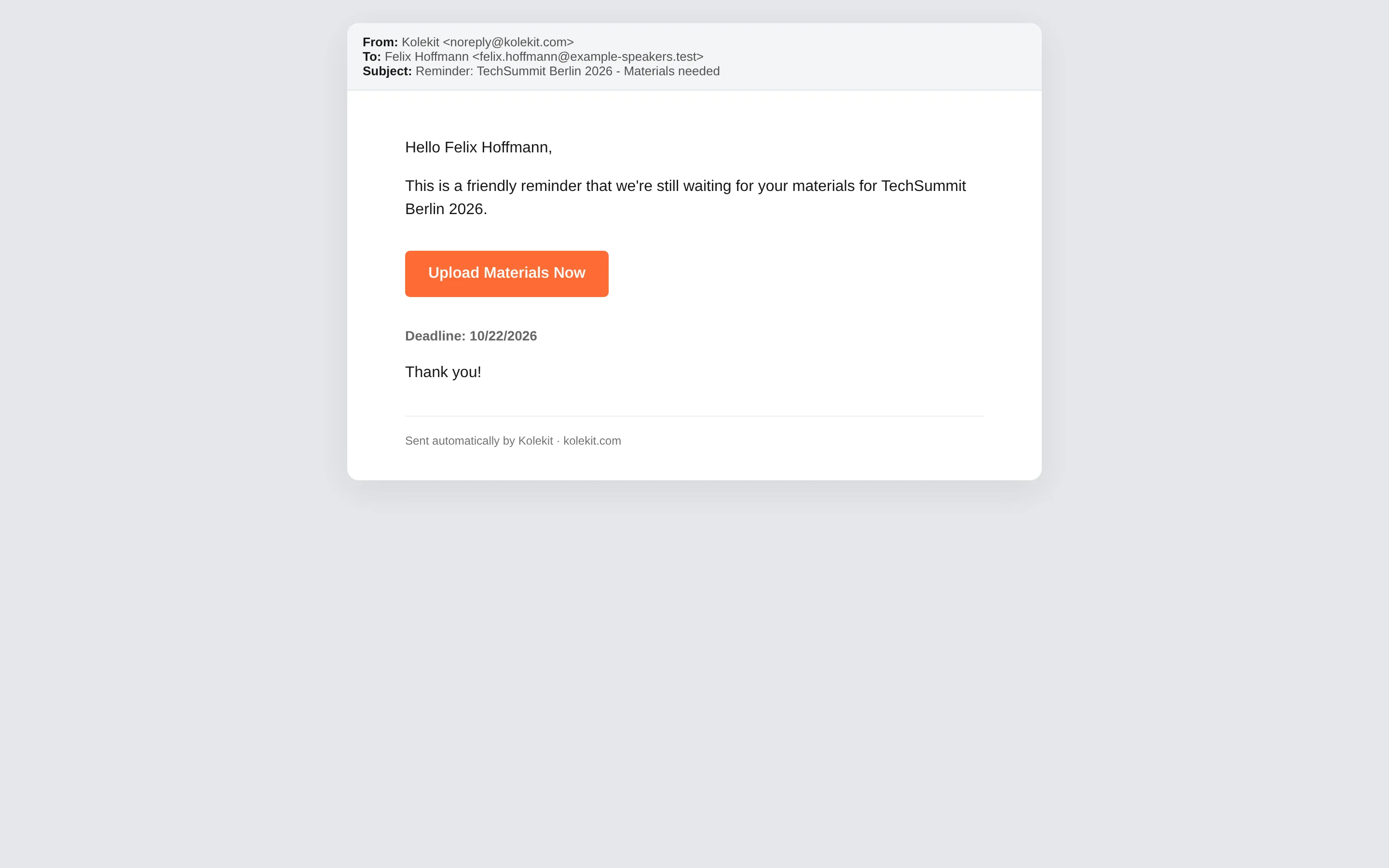 Kolekit reminder email linking a speaker back to their upload form