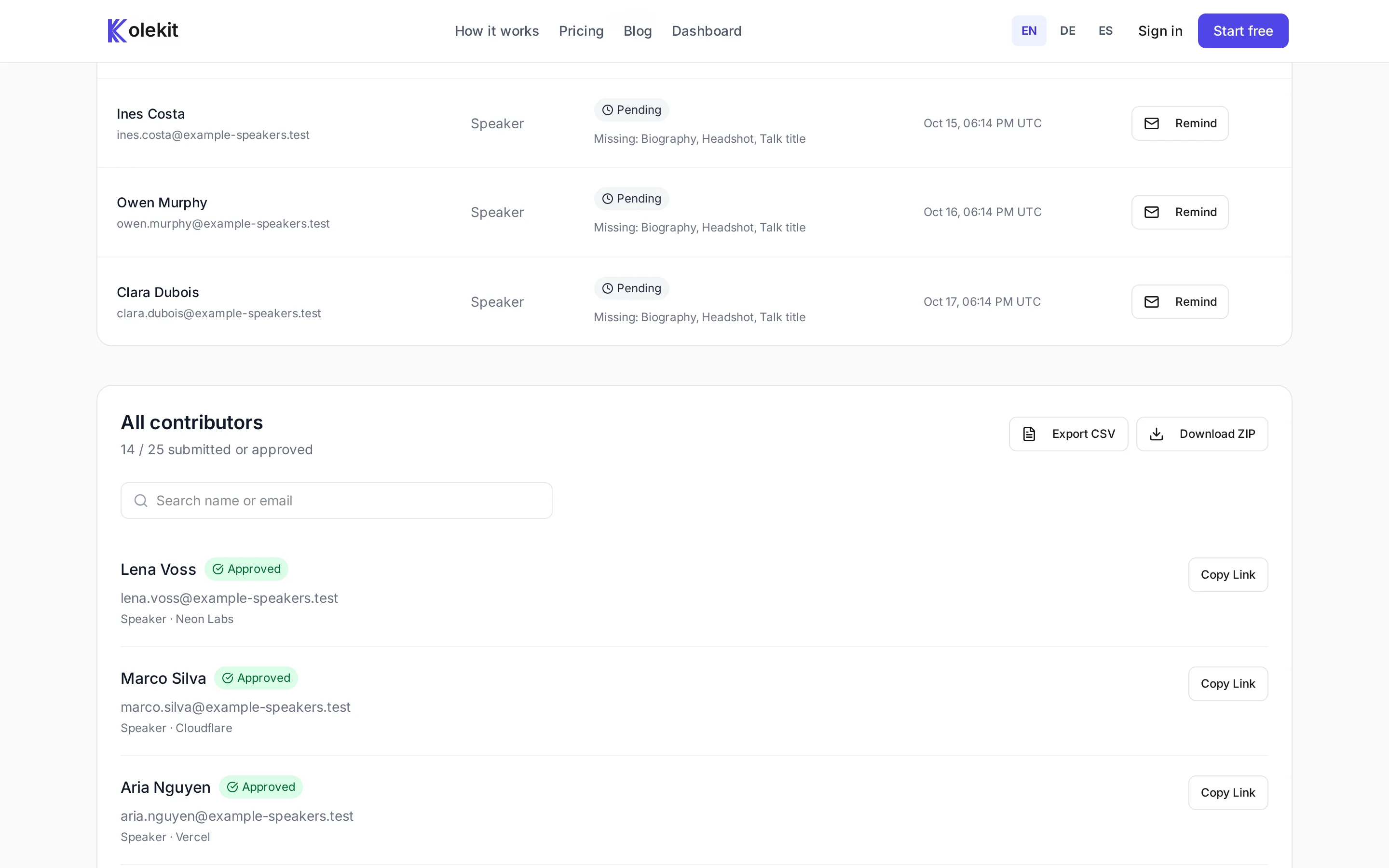 TechSummit Berlin 2026 event workspace with Download ZIP and Export CSV actions